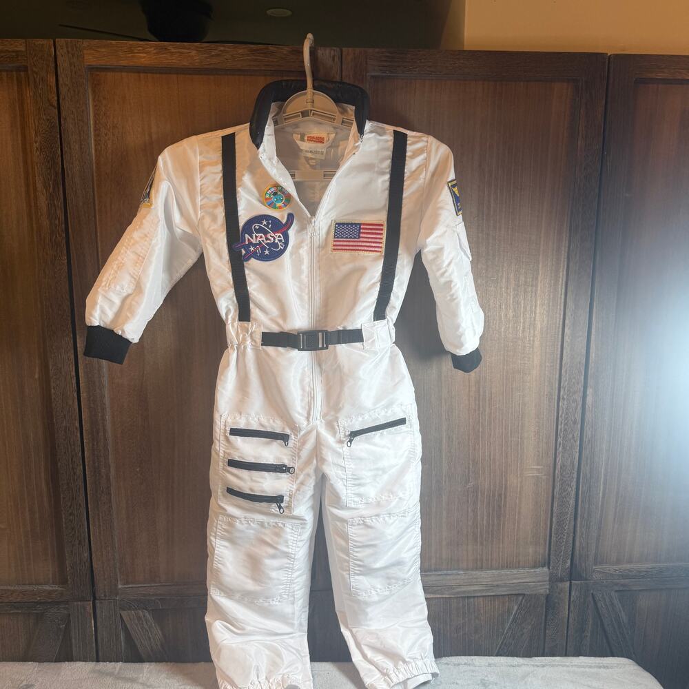 Kids NASA Astronaut Commander Costume White Space Suit Halloween Size S 4-6